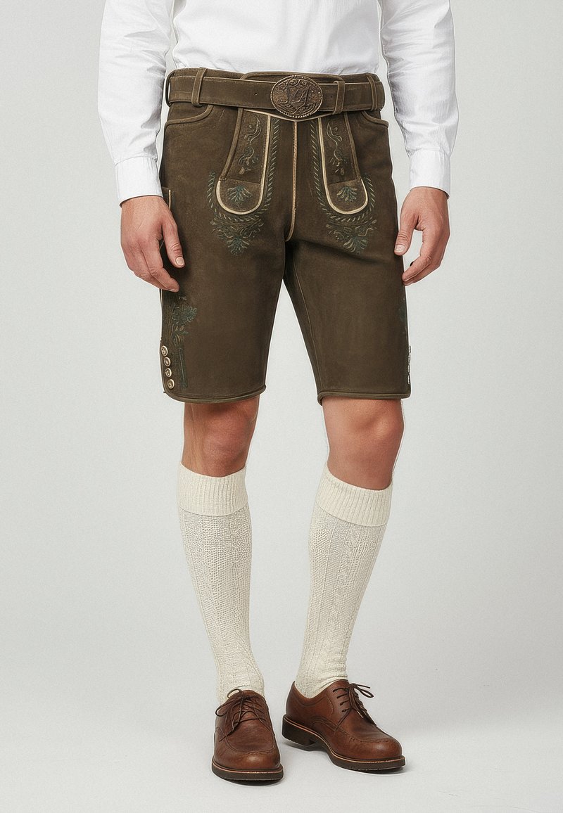 Brown leather shorts with embroidered floral patterns, fitted design, and side buttons. Paired with knee-length cream socks and brown shoes.