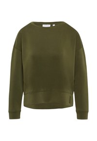Oliwkowa bluza z wysokim, okrągłym dekoltem, dużymi rękawami raglanowymi i skróconym dołem. Wykonana z gładkiego, miękkiego materiału z minimalnym przeszyciem.