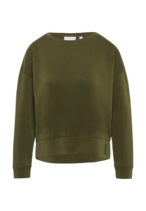 Oliwkowa bluza z wysokim, okrągłym dekoltem, dużymi rękawami raglanowymi i skróconym dołem. Wykonana z gładkiego, miękkiego materiału z minimalnym przeszyciem.