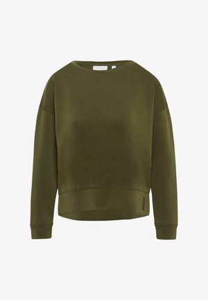 Olijfgroene sweatshirt met een hoge, ronde halslijn, grote raglanmouwen en een verkorte zoom. Gemaakt van een gladde, zachte stof met minimale stiksels.