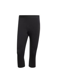 Black, fitted capri leggings in a stretchy material with a smooth texture and an elastic waistband. Minimalist design, no visible patterns.