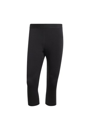 Schwarze, enganliegende Capri-Leggings aus einem dehnbaren Material mit glatter Textur und elastischem Bund. Minimalistisches Design, keine sichtbaren Muster.