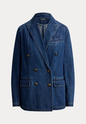 Σκούρο μπλε τζιν σακάκι διπλής σειράς με έξι χάλκινα κουμπιά, φαρδιές πέτρες, τσέπη στο στήθος και δύο τσέπες με καπάκι στο μπροστινό μέρος.