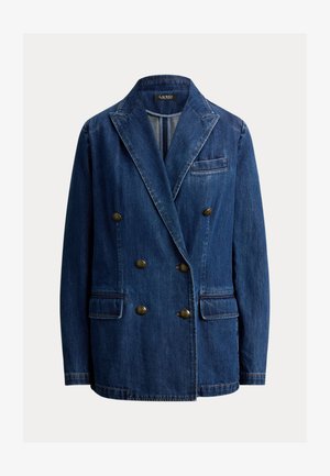 Blazer croisé en denim bleu foncé avec six boutons en laiton, larges revers, poche poitrine et deux poches à rabat sur le devant.