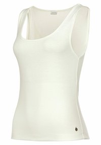 Sleeveless ribbed tank top in off-white fabric. Features a scoop neckline and a small metallic logo detail at the hem. Smooth texture.