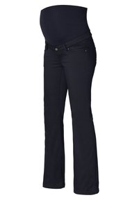 Gravidjeans i mörkblått tyg med en elastisk magepanel, rak bendesign och framfickor. Slät textur med diskret sömnad.