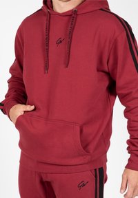 Czerwona bluza z kapturem z kieszenią z przodu, czarne paski na rękawach, kaptur ze sznurkiem oraz szczegół z logo na klatce piersiowej, wykonana z miękkiego materiału.