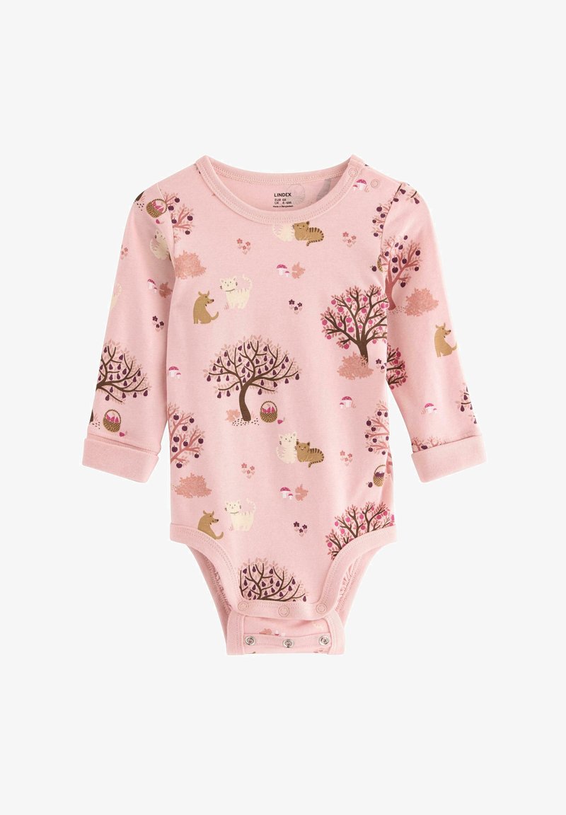 Long-sleeve pink baby bodysuit featuring a woodland animal print with trees, flowers, and mushrooms. Snap closures at the bottom. Soft fabric.
