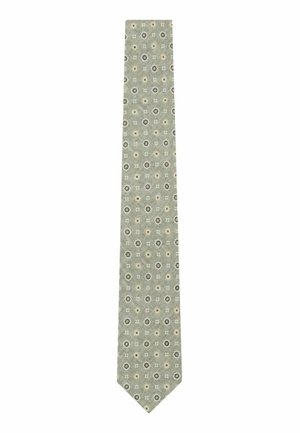 Lysegråt slips med små gentagne blomster mønstre i sort, hvid og beige jævnt fordelt over stoffet.