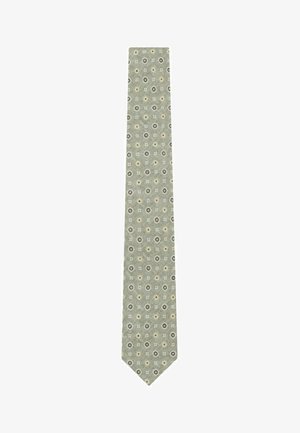 Lysegråt slips med små gentagne blomster mønstre i sort, hvid og beige jævnt fordelt over stoffet.