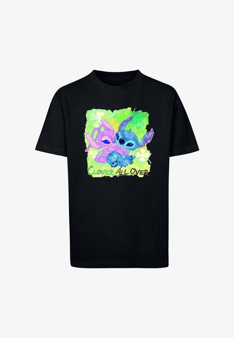 Schwarzes Baumwoll-T-Shirt mit einem bunten Grafikdruck von zwei Cartoonfiguren auf einem grünen Hintergrund, beschriftet mit "Clover All Over."