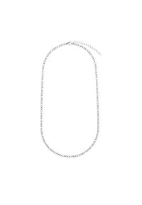 Silberne Kettenhalskette mit ovalen Gliedern und glatter Oberfläche sowie einem Verschluss. Länge verstellbar mit einer zusätzlichen Kette.