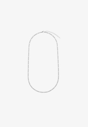Srebrny naszyjnik łańcuszkowy z owalnymi ogniwami o gładkiej fakturze i zapięciem. Długość regulowana dodatkowym łańcuszkiem.