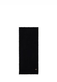 Tappeto rettangolare nero con una texture morbida e soffice. Presenta un piccolo emblema dorato in un angolo. Adatto a qualsiasi stile di arredamento.