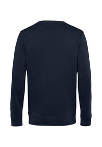 Felpa blu navy, maniche lunghe, collo a giro, texture liscia, polsini e orlo a coste, senza loghi o pattern visibili. Vista posteriore semplice.