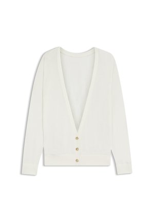 Biały kardigan z długim rękawem, głębokim dekoltem w kształcie litery V oraz trzema małymi guzikami z przodu, przedstawiony na białym tle.