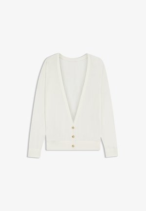Biały kardigan z długim rękawem, głębokim dekoltem w kształcie litery V oraz trzema małymi guzikami z przodu, przedstawiony na białym tle.