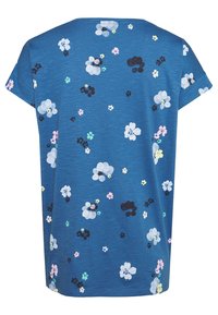 Blaues T-Shirt mit kurzen Ärmeln und einem floralen Druck in verschiedenen Farben, das große und kleine Blumen zeigt, die über den Stoff verteilt sind.