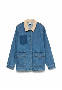 Denim jacket with a beige corduroy collar, two front pockets, and a chest pocket. Features a blue denim patch on the left side.