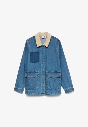 Džinsinė striukė su smėlio spalvos kordūroviu apykakle, dviem priekinėm kišenėm ir krūtinės kišene. Pridedamas mėlynas džinsinis lopas kairėje pusėje.