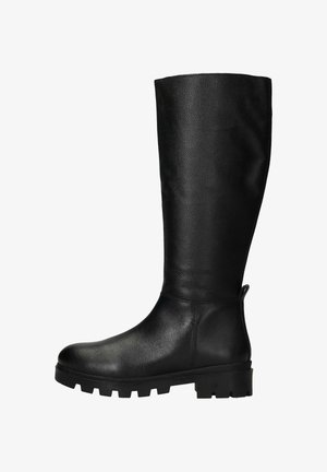 Zwarte leren knielange laarzen met een gestructureerd oppervlak, ronde neus, dikke rubberen zool en een aantreklip aan de achterkant voor gemakkelijk aan- en uittrekken.