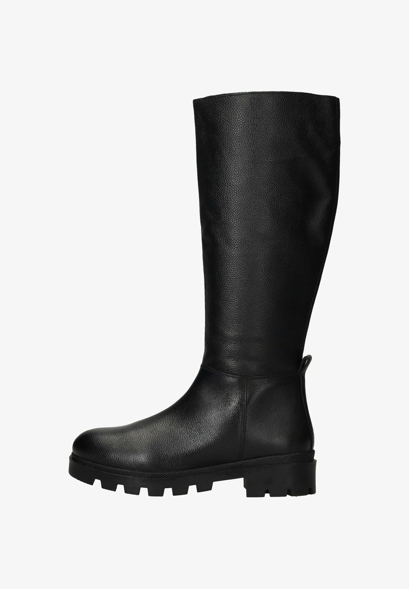 Zwarte leren knielange laarzen met een gestructureerd oppervlak, ronde neus, dikke rubberen zool en een aantreklip aan de achterkant voor gemakkelijk aan- en uittrekken.