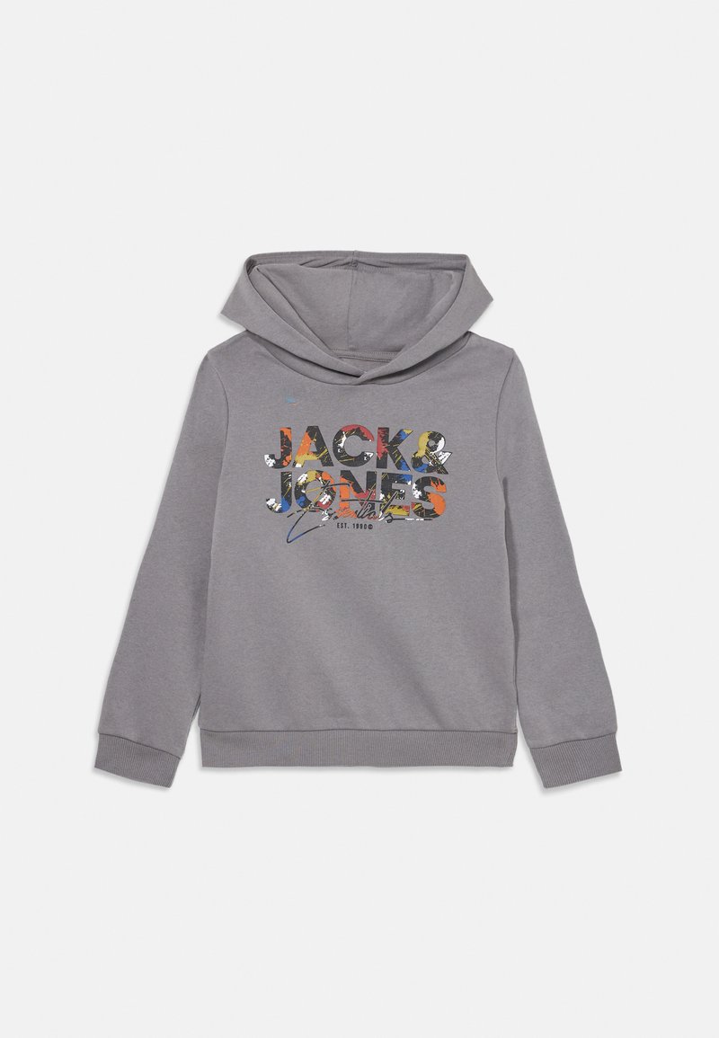 Šedá mikina s kapucňou na prednej strane má grafiku s multicolor textom "JACK & JONES" a logom. Mäkkučká látka, dlhé rukávy a kapucňa so šnúrkou.