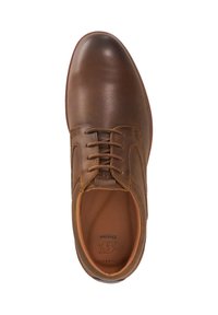 Brown leather lace-up men's dress shoe with rounded toe and smooth finish, top view on a white background.