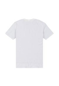 Weißes Baumwoll-T-Shirt mit kurzen Ärmeln, Rundhalsausschnitt und schlichtem Design. Es hat eine glatte Textur und keine sichtbaren Logos oder Muster.