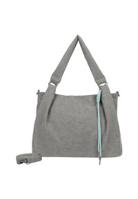 Gray suede handbag with a slouchy shape, featuring a turquoise accent and adjustable strap. Includes silver hardware and embossed logo.