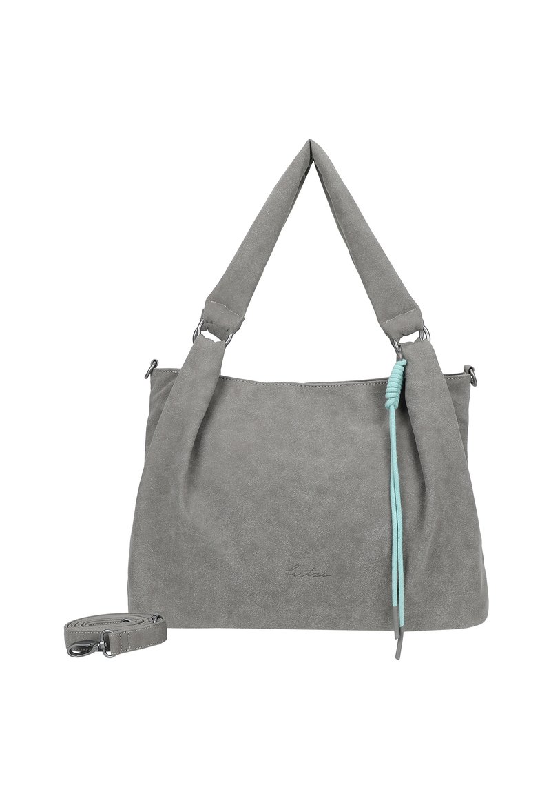 Gray suede handbag with a slouchy shape, featuring a turquoise accent and adjustable strap. Includes silver hardware and embossed logo.