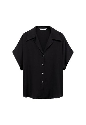 Schwarzes Kurzarmhemd aus glattem Stoff mit Kragen, das eine knöpfbare Front mit silberfarbenen Knöpfen und einen lockeren Schnitt aufweist.