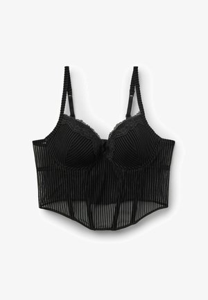Soutien-gorge noir à rayures verticales, orné de dentelle et équipé de bretelles réglables. Le modèle présente une forme structurée rappelant un corset et une texture douce.