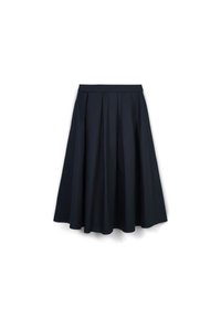 Gonna blu navy di lunghezza media realizzata in tessuto liscio con pieghe e vita adatta. Presenta una silhouette svasata senza motivi o dettagli.