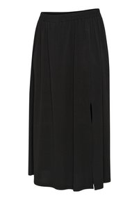 Zwarte rok van zachte stof, met een elastische tailleband, een ruime pasvorm en een zijsplit voor gemakkelijke beweging.