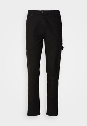 Pantaloni da lavoro neri a gamba dritta con rinforzi sulle ginocchia, tasche frontali, passanti per cintura, chiusura con bottone e zip.