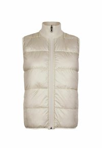 Cremfarbener, gesteppter, ärmelloser Puffer-Weste mit hohem, geripptem Kragen und Frontreißverschluss.