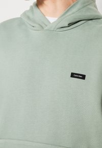 Sudadera con capucha color verde menta hecha de una tela suave. Presenta un pequeño parche negro con el logo de Calvin Klein en el pecho. Textura lisa.