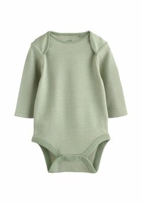 Ljusgrön långärmad babybodysuit i texturerat ribbat tyg med diskreta ränder, med tryckknappar i botten för enkel påklädning.
