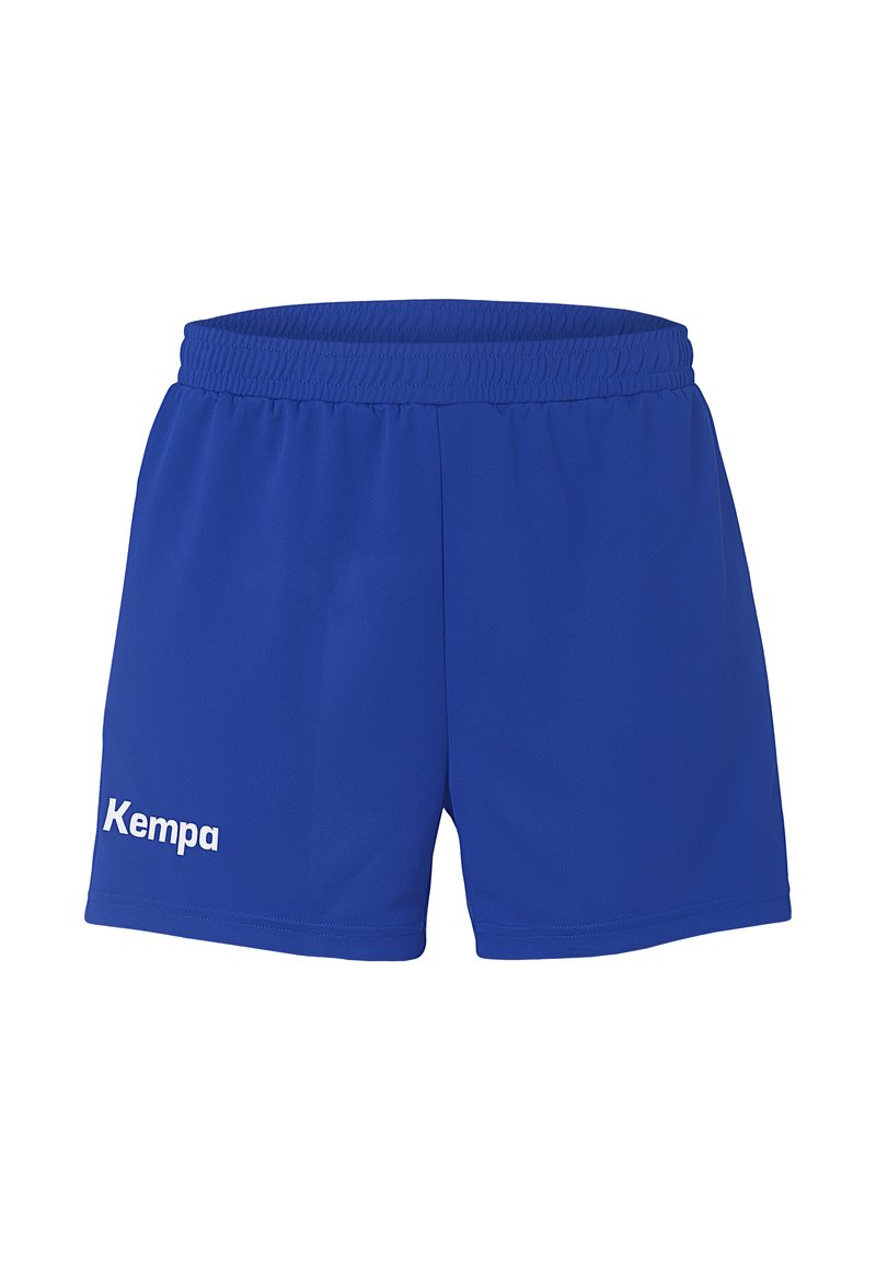 Blaue Sportshorts aus Polyester. Verfügen über einen elastischen Bund und ein weißes "Kempa"-Logo auf der linken Seite. Glatte Textur.