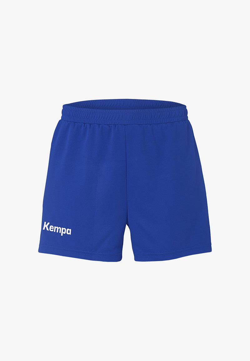 Blaue Sportshorts aus Polyester. Verfügen über einen elastischen Bund und ein weißes "Kempa"-Logo auf der linken Seite. Glatte Textur.