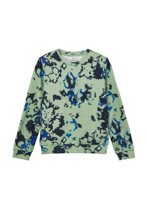 Groen sweatshirt met lange mouwen, voorzien van een zwart- en blauw abstract tie-dye patroon en geribbelde manchetten en zoom.