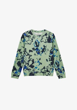 Grünes Sweatshirt mit langen Ärmeln, schwarzem und blauem abstraktem Tie-Dye-Muster sowie gerippten Bündchen und Saum.