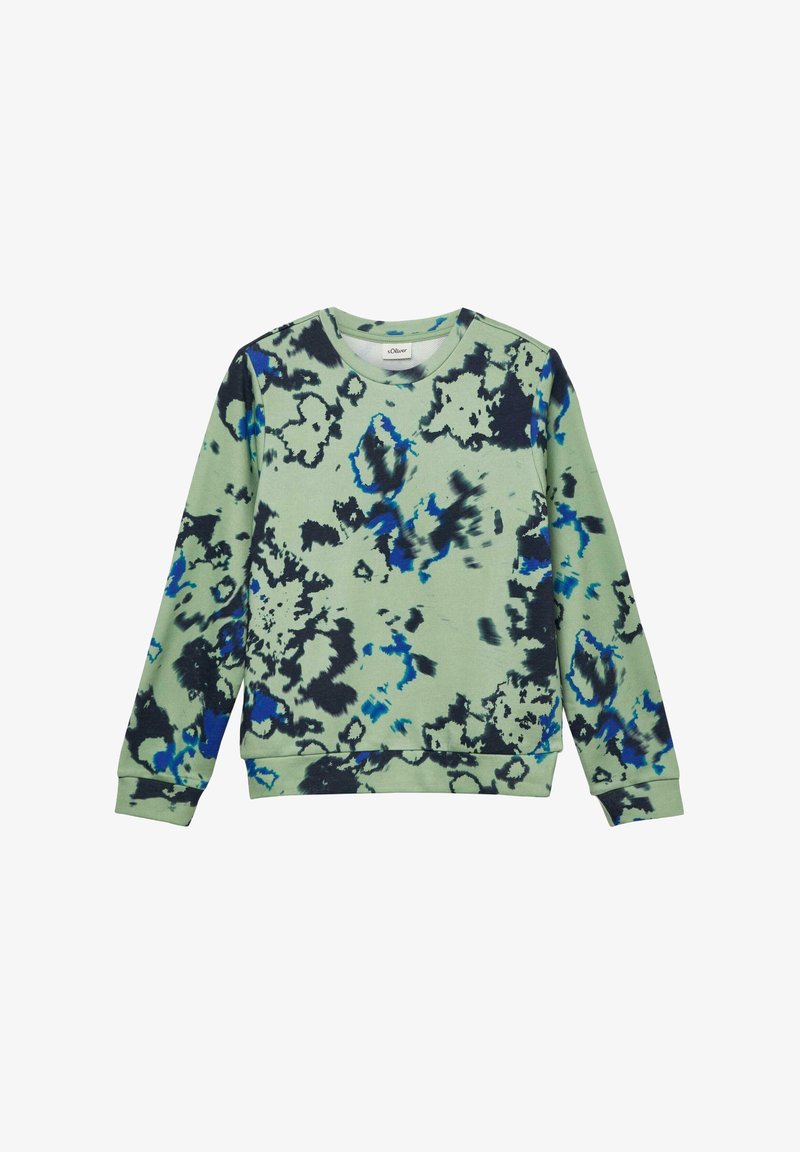 Sweat à manches longues vert avec un motif abstrait tie-dye noir et bleu, bordures côtelées aux poignets et à l'ourlet.