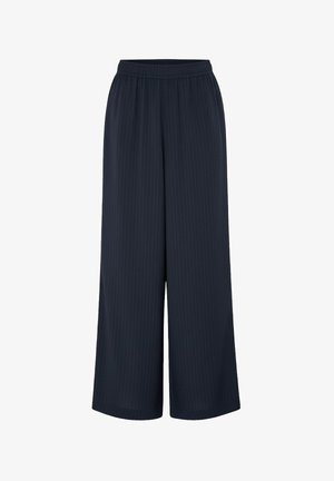Pantaloni navy blue a gamba larga con sottili righe verticali a spillo e vita elastica, adatti per un abbigliamento formale o casual.
