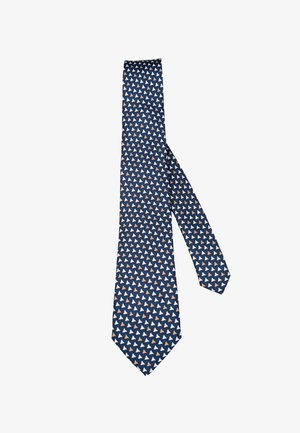 Marineblauwe stropdas met een herhalend patroon van kleine witte en beige driehoekige vormen, plat gelegd op een witte achtergrond.