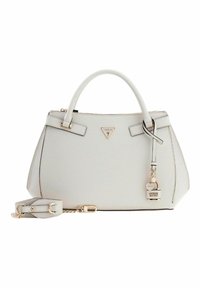 Witte synthetische handtas met een gestructureerd ontwerp, ronde handvatten, gouden beslag en een afneembare riem. Heeft een logoaccent en een bedel.