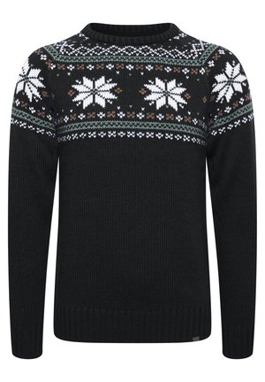 Black knitted sweater featuring a white and green snowflake pattern across the chest, with a ribbed crewneck and cuffs.