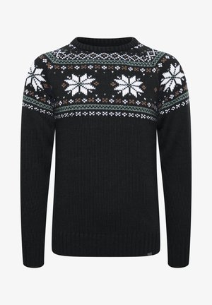 Pulover tricotat negru cu un model de fulgi de zăpadă alb și verde pe piept, cu guler și manșete cu nervuri.