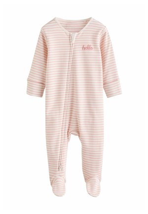 Stribet baby jumpsuit i lys pink med hvid, har lynlås foran og foddesign, prydet med "hello" broderi på brystet.
